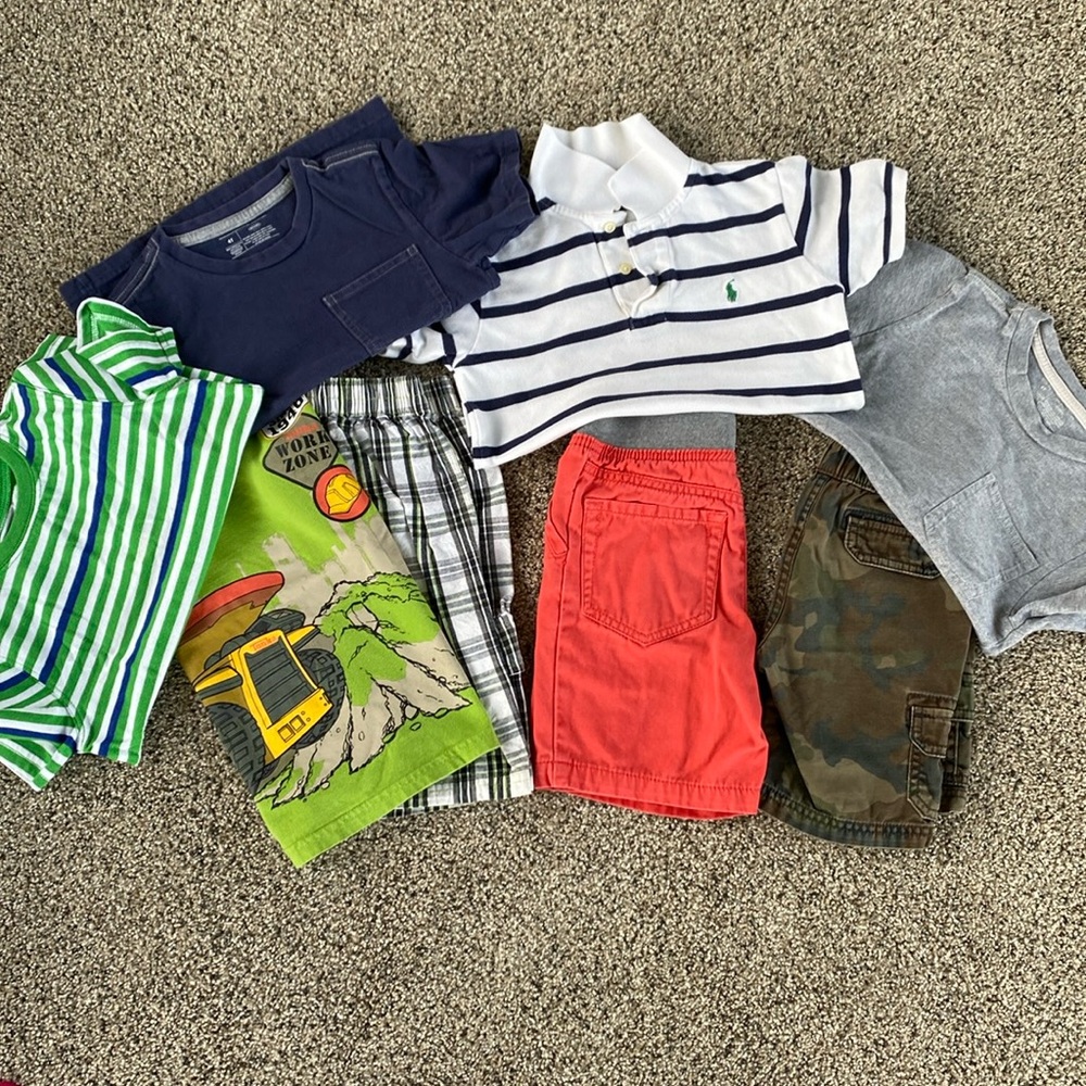 4T lot. Polo. Old navy tees. Plaid Tonka truck set and shorts.